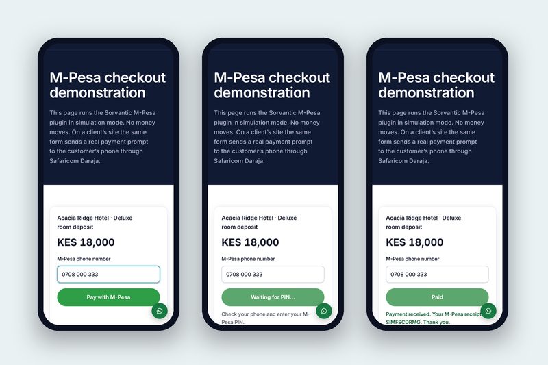 The M-Pesa checkout from phone number to paid receipt. Real plugin running in simulation mode.
