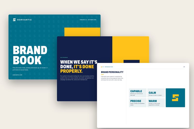 Cover, promise and brand personality pages from the brand book.